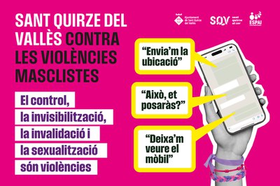 Imatge oficial de la campanya d'enguany del 25N, on es veu una mà subjectant un mòbil i apareixent bafarades amb missatges.
