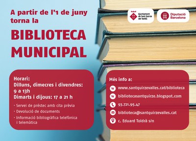 La Biblioteca Municipal reprèn el servei el  proper dilluns 1 de juny